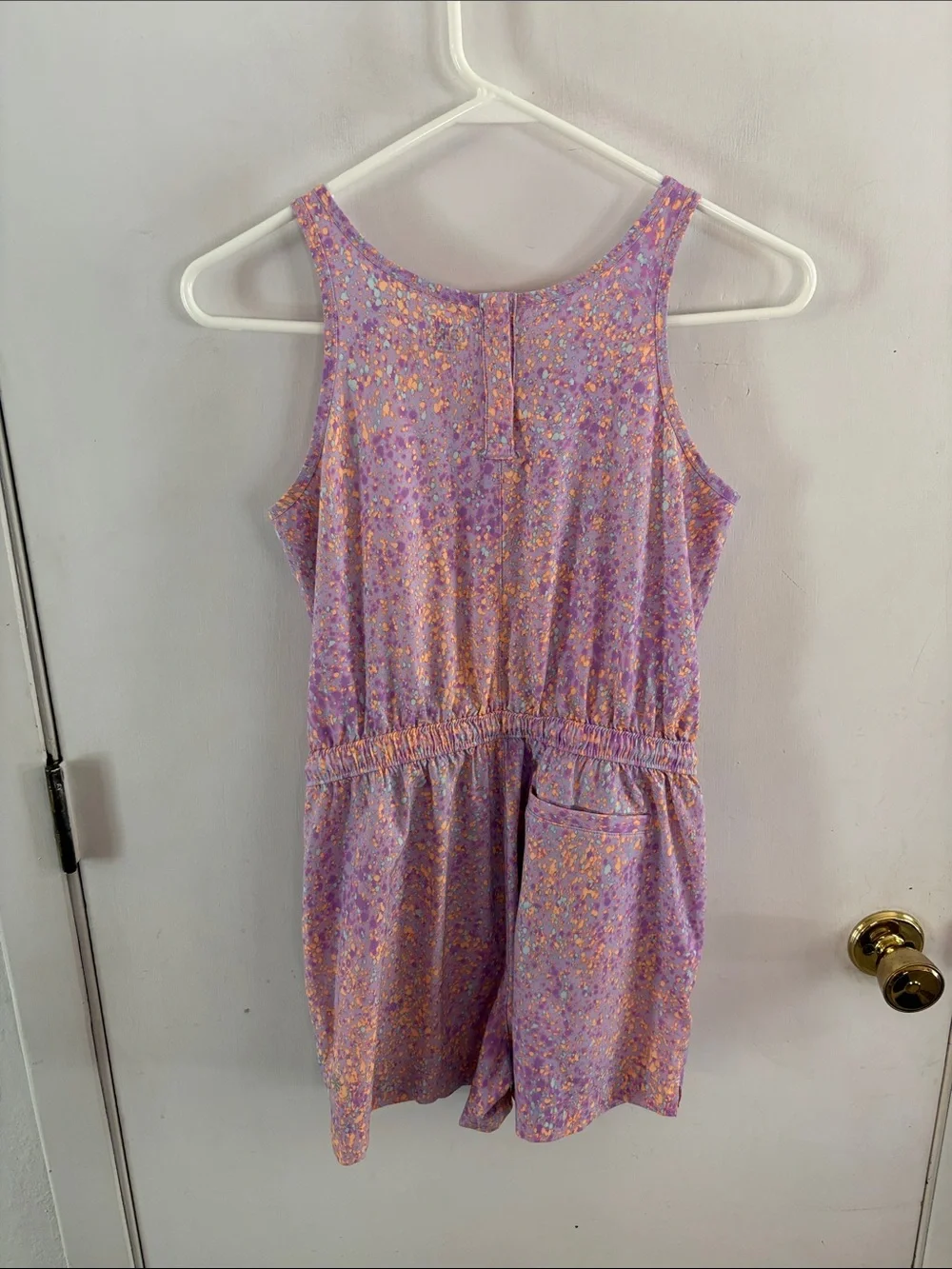 Athleta Girl lavender sleeveless orange aqua purple speckled romper Size Large